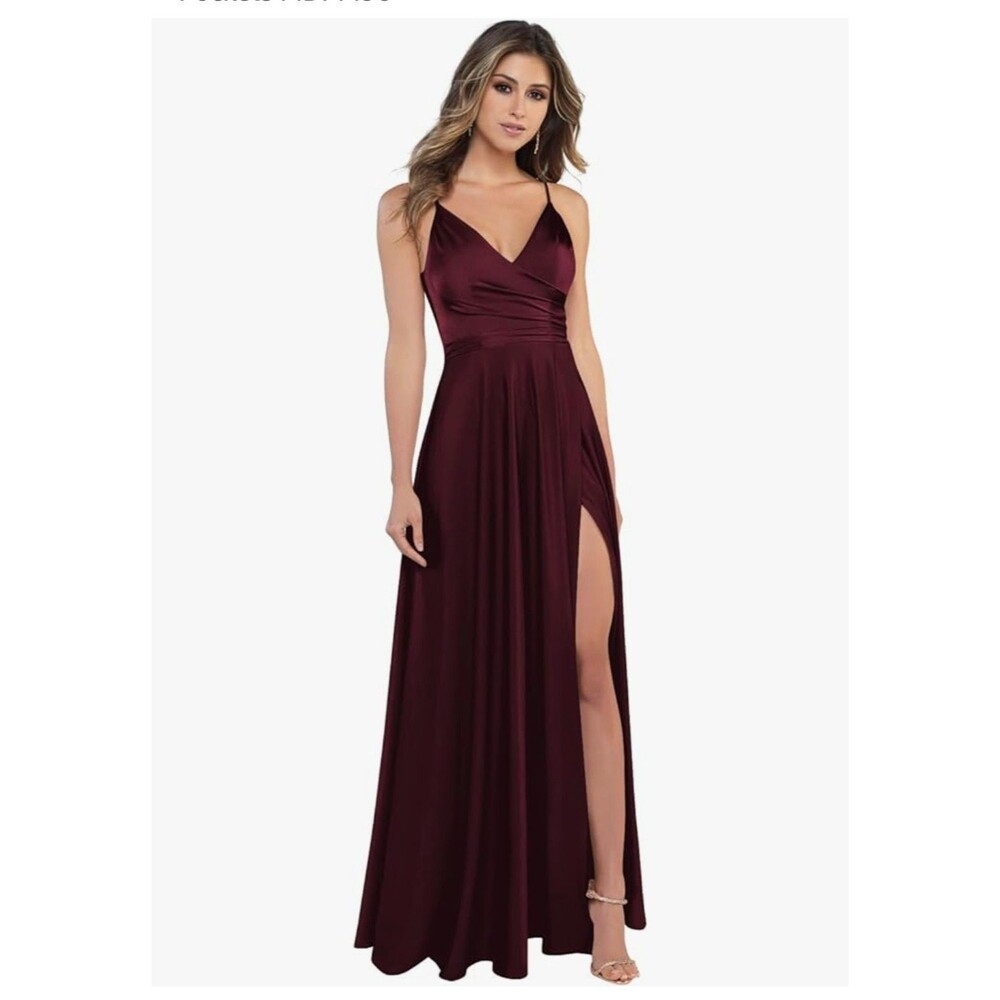 Women's V Neck Satin Bridesmaid Dresses with Slit Spaghetti Straps Formal...